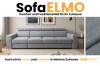 Sofa Elmo Werbebanner mit dem Slogan Komfort und Funktionalität sowie einer Stoffprobe.
