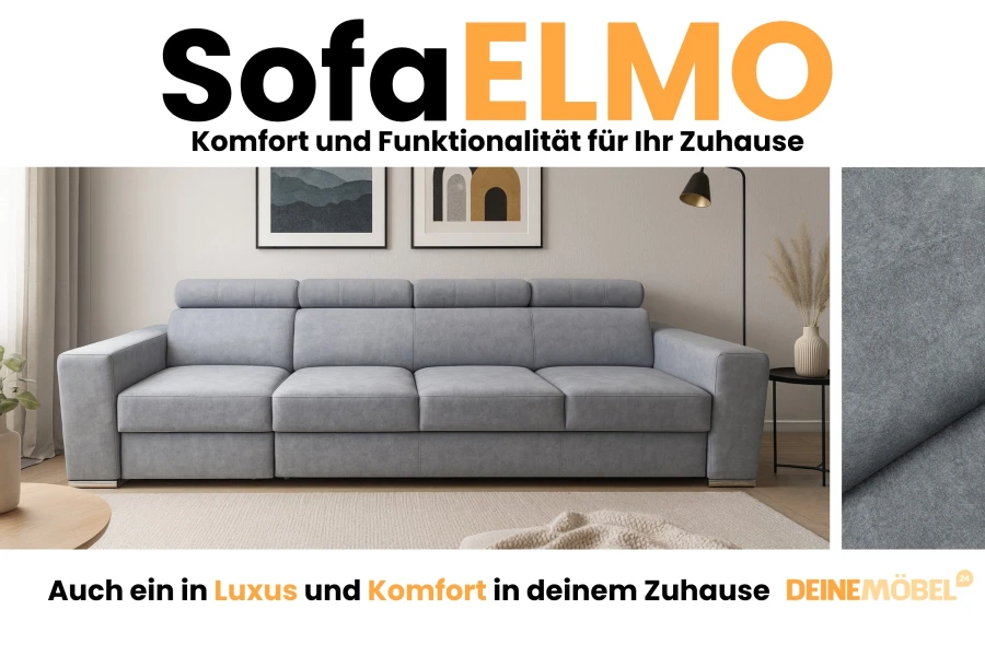 Sofa Elmo Werbebanner mit dem Slogan Komfort und Funktionalität sowie einer Stoffprobe.