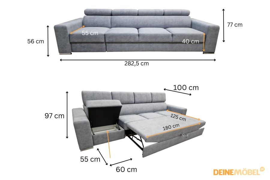 Detaillierte Maße des Sofas Elmo (282,5 cm) mit Bettkasten und ausziehbarer Liegefläche.