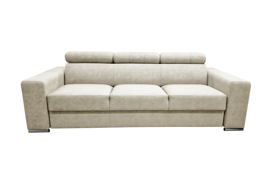 Modernes 3-Sitzer Sofa in Beige mit verstellbaren Kopfstützen auf weißem Hintergrund.