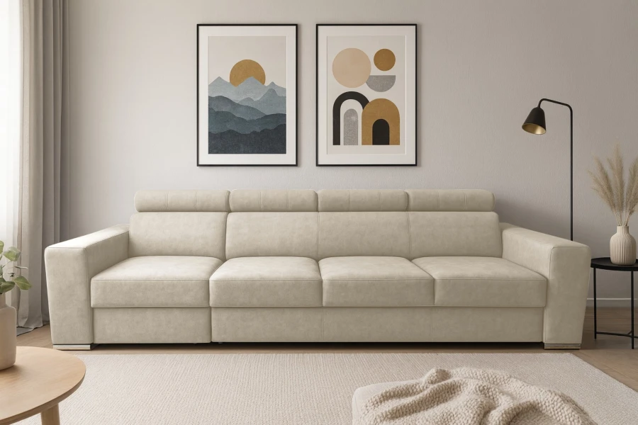 Beige 4-Sitzer Couch im modern eingerichteten Wohnzimmer mit abstrakten Wandbildern.