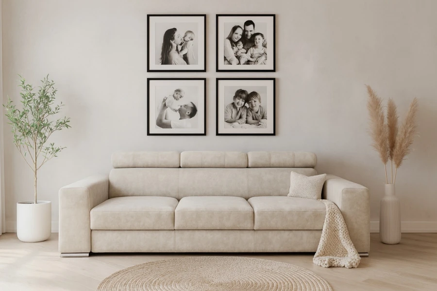 Gemütliches beige 3-Sitzer Sofa im hellen Wohnzimmer mit Familienfotos an der Wand.
