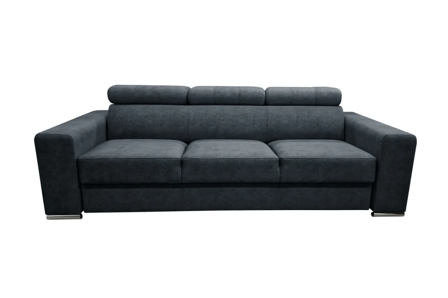 Dunkelgraues 3-Sitzer Sofa mit verstellbaren Kopfstützen auf weißem Hintergrund.
