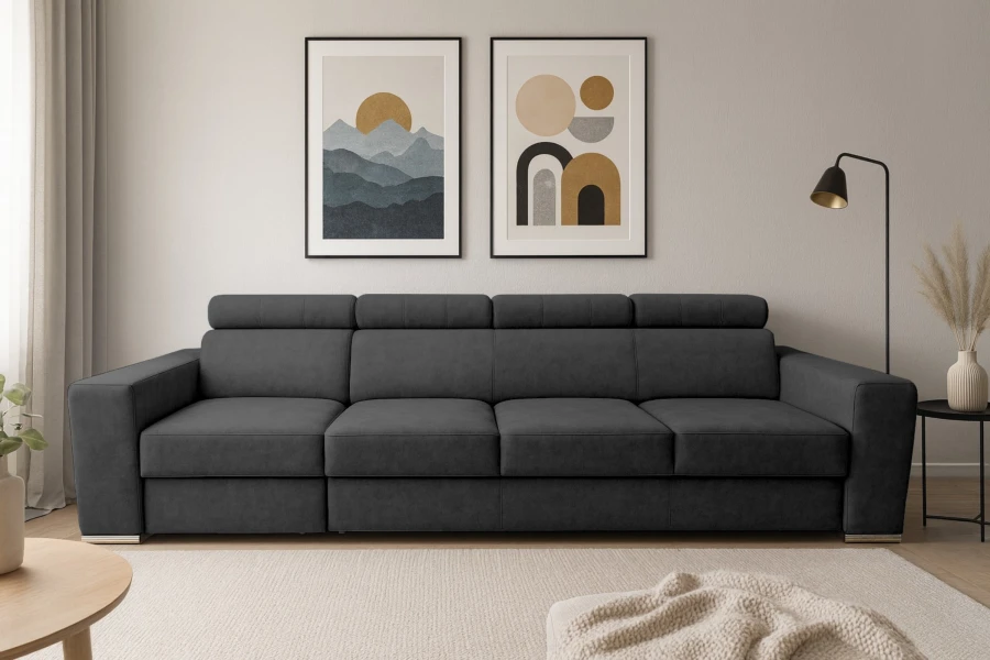 Modernes dunkelgraues XXL-Sofa im hellen Wohnzimmer mit Wandbildern.