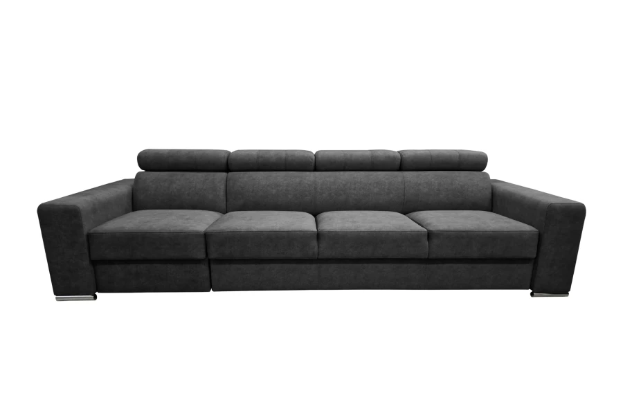 Großes dunkelgraues 4-Sitzer Sofa mit Kopfstützenfunktion vor weißem Hintergrund