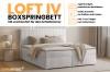 Infografik zum Loft IV Boxspringbett mit Highlights wie Bettkästen, Topper und Farbauswahl.