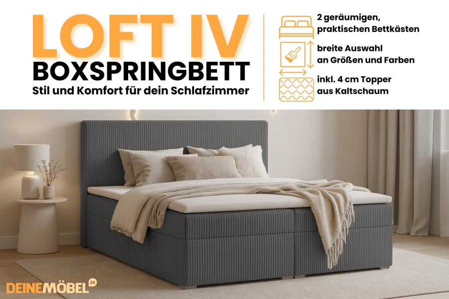 Infografik zum Boxspringbett Loft IV mit Highlights zu Bettkästen und Matratzen-Topper.