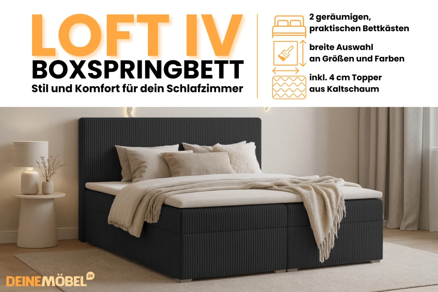 Infografik Loft IV Boxspringbett mit Details zu Bettkästen, Farbauswahl und Kaltschaum-Topper.