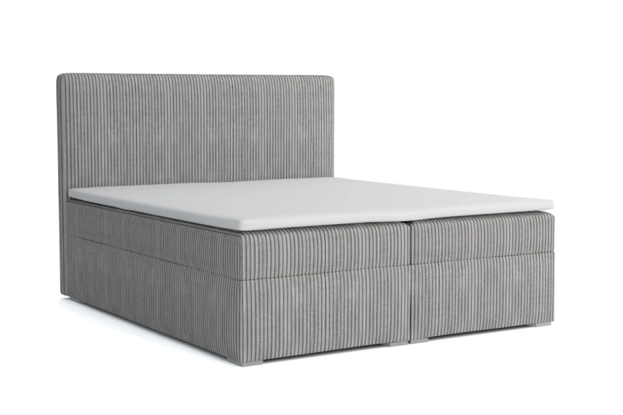 Modernes Boxspringbett in grauer Cord-Optik mit hohem Kopfteil und gemütlichem Design.