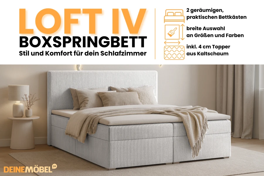 LOFT IV Boxspringbett mit 4 cm Kaltschaum-Topper und zwei geräumigen Bettkästen für Komfort.