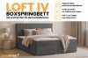Infografik zum Boxspringbett Loft IV mit Highlights wie Bettkästen, Topper und Farbauswahl.