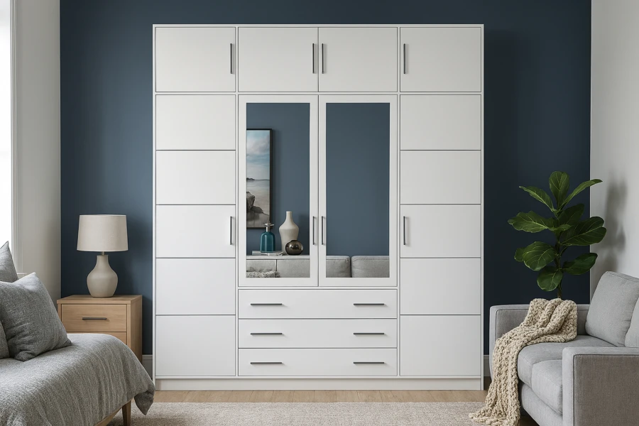 Large white bedroom wardrobe with mirrored doors, many compartments and drawers in a modern design.