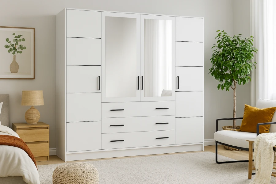 Moderner weißer Kleiderschrank mit Spiegeltüren und Schubladen im hellen Schlafzimmer.