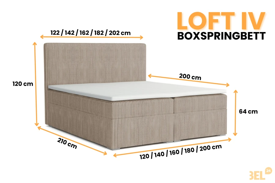 Detaillierte Maße für das Boxspringbett Loft IV in der Übersicht.