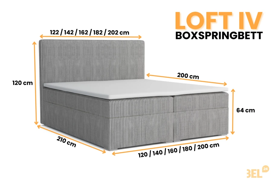 Maße des grauen Boxspringbetts LOFT IV mit Cord-Bezug im Überblick.