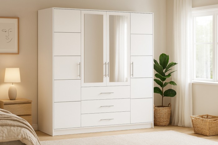 Weißer Mehrzweckschrank mit Spiegelfront und Schubladen für moderne Schlafzimmer-Einrichtung.