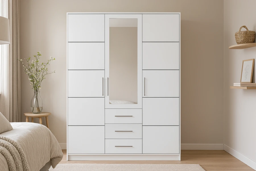Schmaler weißer Kleiderschrank mit einem Spiegel und drei Schubladen in minimalistischem Design.