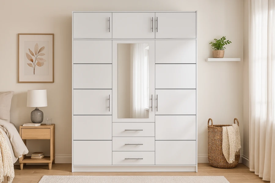 Moderner weißer Kleiderschrank mit Spiegel und vielen Schubladen im hellen Schlafzimmer.