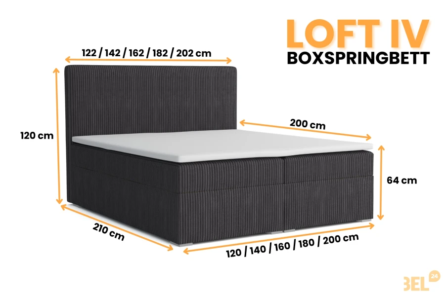 Maßskizze für das Boxspringbett LOFT IV in Anthrazit mit verschiedenen Breiten- und Höhenangaben.