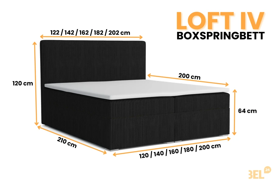Maße des Loft IV Boxspringbettes in Schwarz mit Kopfteil und Matratze.