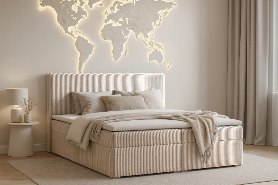 Modernes Boxspringbett in Beige mit Cord-Stoff in gemütlichem Schlafzimmer vor Weltkarte.