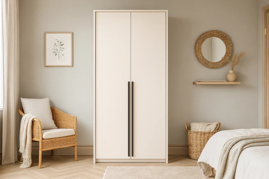 Hellbeiger Kleiderschrank in modernem Schlafzimmer mit Korbstuhl und Spiegel.