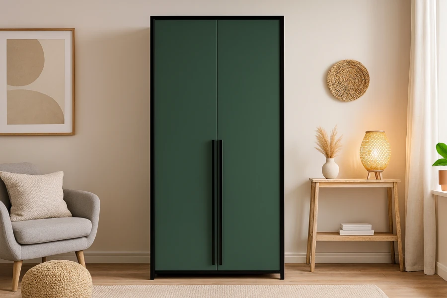 Moderner grüner 2-türiger Kleiderschrank mit schwarzen Griffen in stilvollem Wohnambiente.