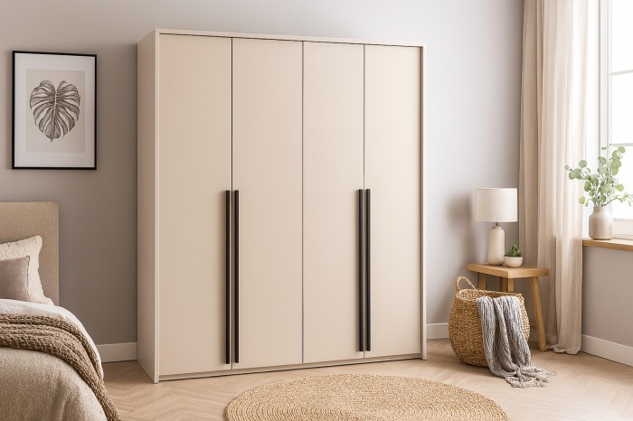 Eleganter 4-türiger Kleiderschrank in Creme mit schwarzen Griffen in natürlicher Schlafzimmer-Deko.