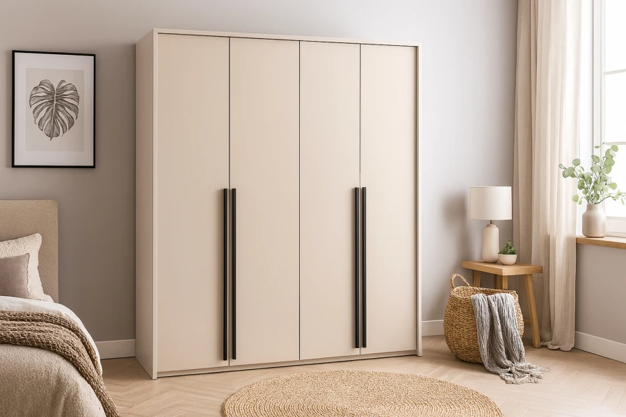 Eleganter 4-türiger Kleiderschrank in Creme mit schwarzen Griffen in natürlicher Schlafzimmer-Deko.