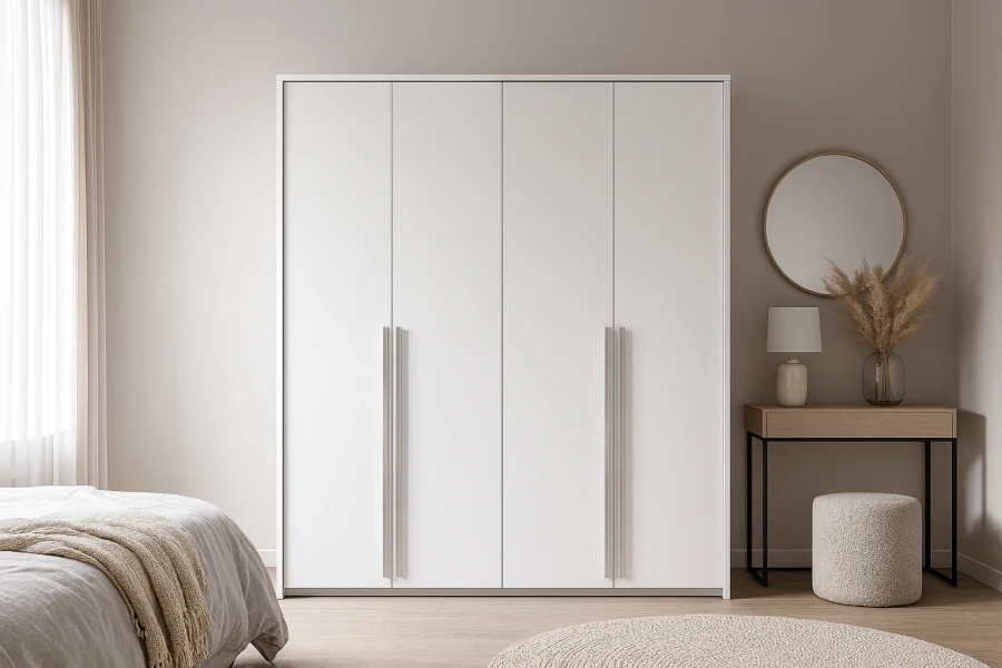 Schlichter weißer Kleiderschrank 4-türig in hellem Schlafzimmer mit Schminktisch und Spiegel.