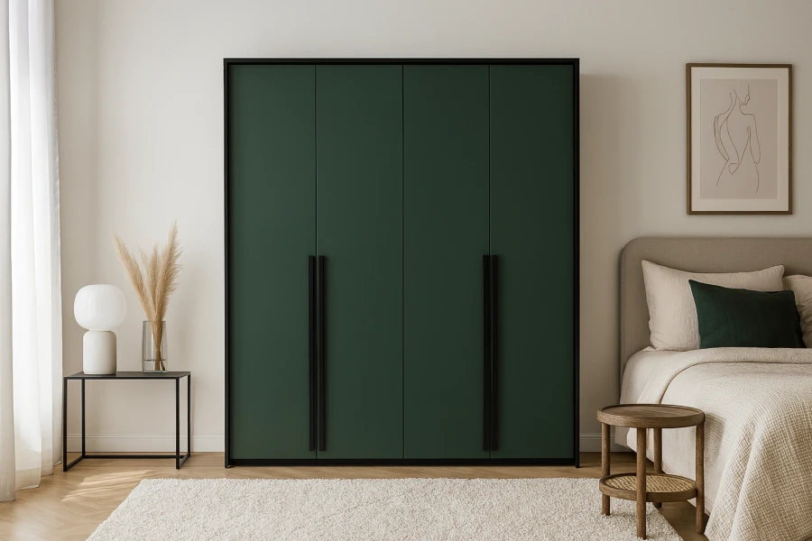 Moderner dunkelgrüner Kleiderschrank mit schwarzen Griffen im Schlafzimmer.