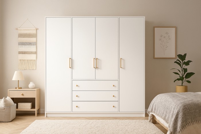 Großer weißer Kleiderschrank mit vier Türen, Schubladen und eleganten goldenen Griffen.