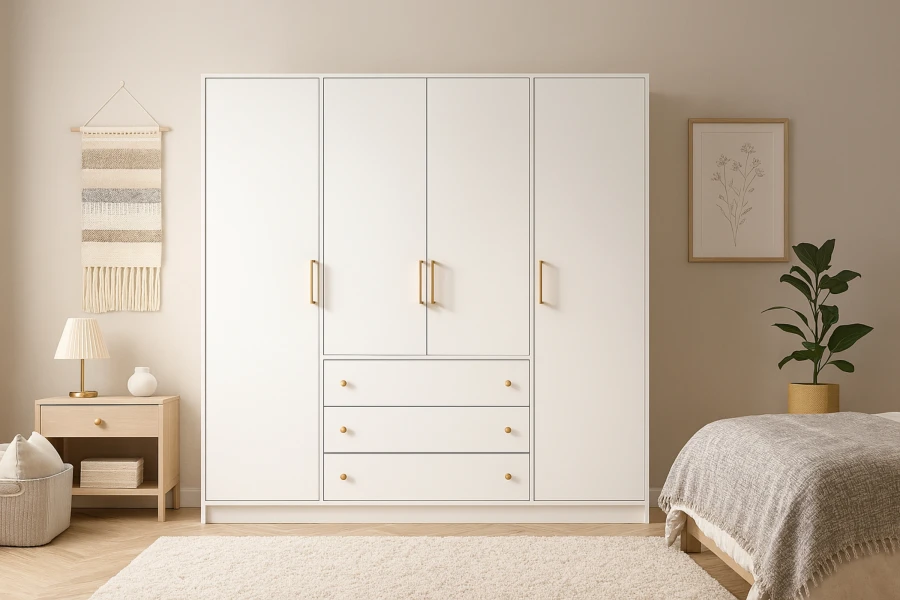 Großer weißer Kleiderschrank mit vier Türen, Schubladen und eleganten goldenen Griffen.