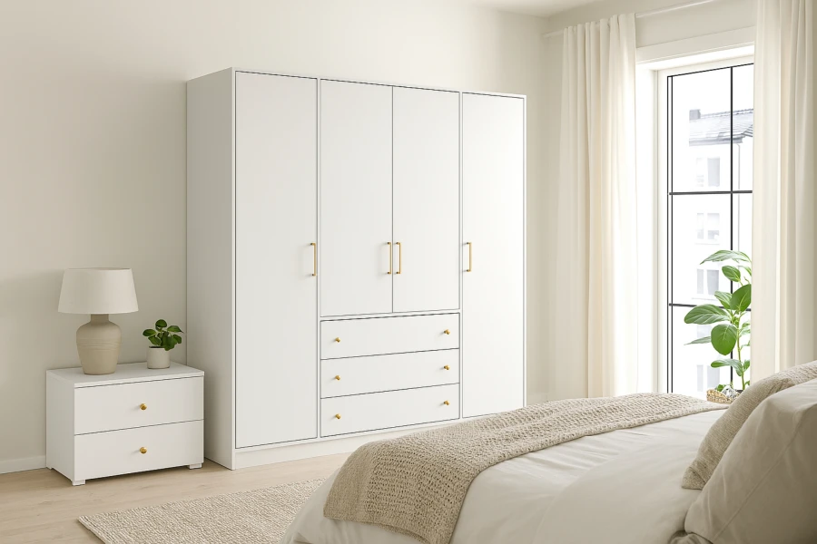 Modernes Schlafzimmer mit großem weißen Kleiderschrank, Nachtschrank und hellem Ambiente.