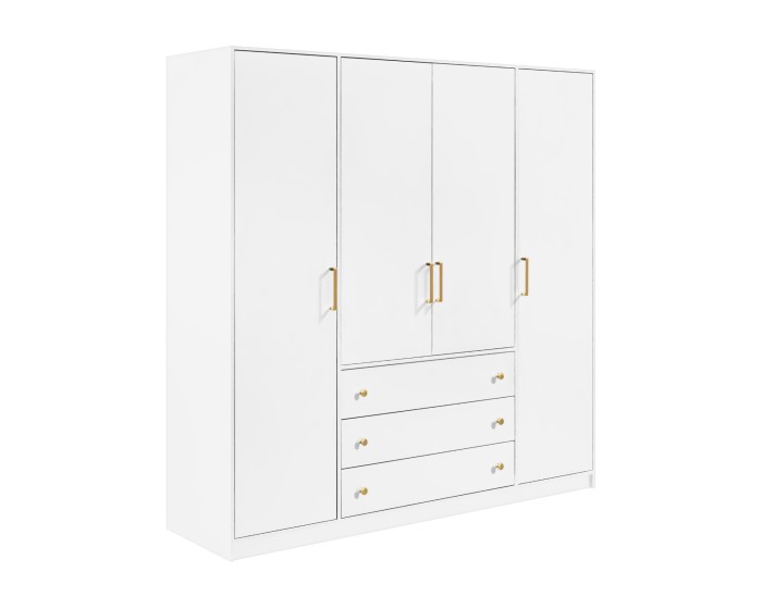 Moderner weißer Kleiderschrank mit 4 Türen, 3 Schubladen und Gold-Griffen.