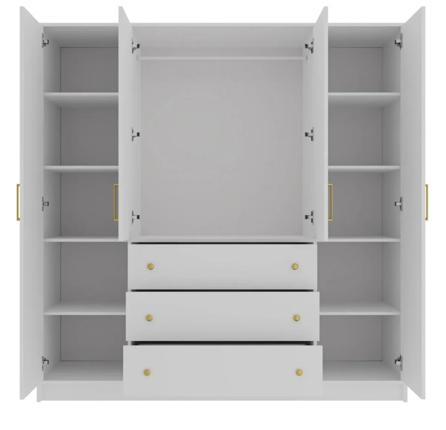 Offener weißer Kleiderschrank mit Regalfächern, Kleiderstange und Schubladen.