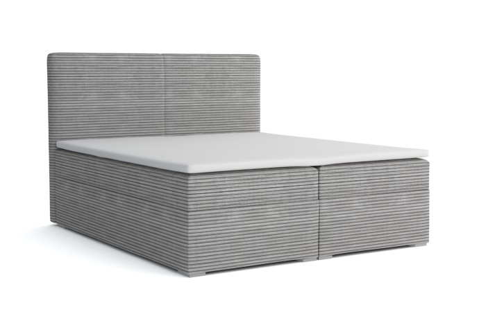 Modernes Boxspringbett in hellem Grau mit strukturiertem Cord-Stoffbezug auf weißem Hintergrund.