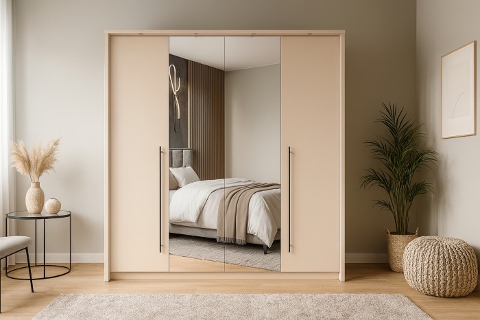 Beiger Kleiderschrank mit Spiegeltüren im modern eingerichteten Schlafzimmer.