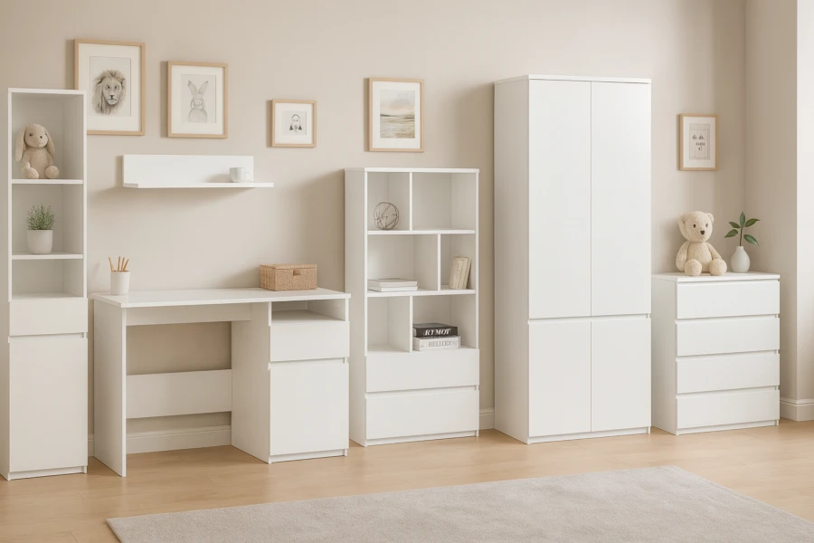 Weiße Kinderzimmermöbel Set bestehend aus Schreibtisch, Standregalen, Kommode und Kleiderschrank.