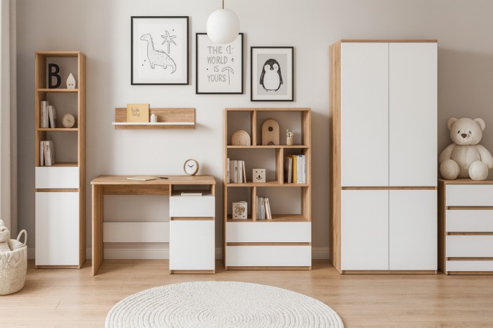 Modernes Jugendzimmer Möbelset in Eiche-Optik und Weiß mit Schreibtisch, Regalen und Kleiderschrank.