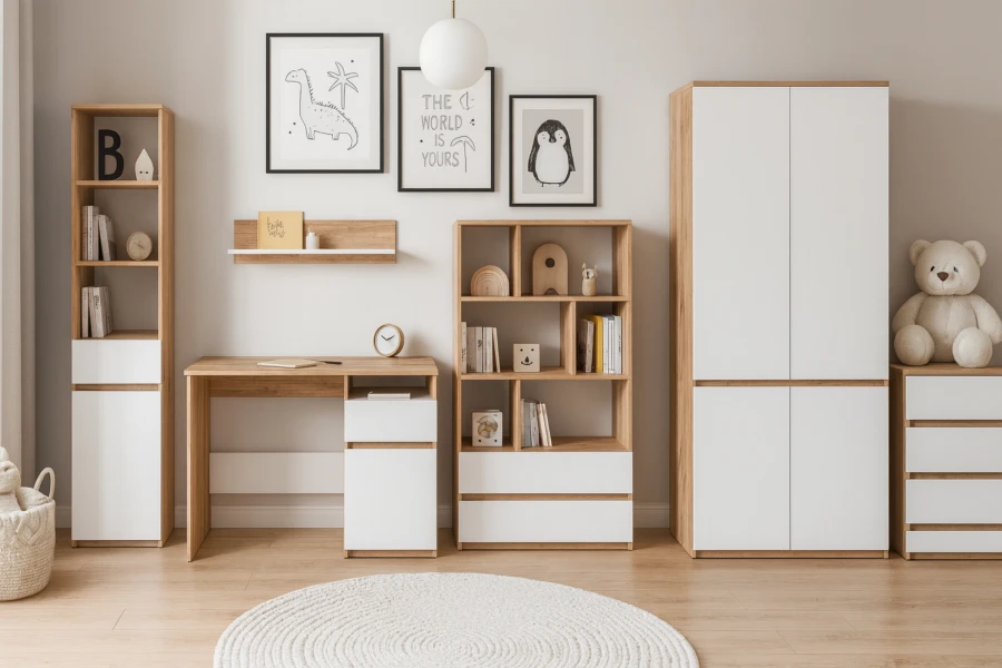 Modernes Jugendzimmer Möbelset in Eiche-Optik und Weiß mit Schreibtisch, Regalen und Kleiderschrank.