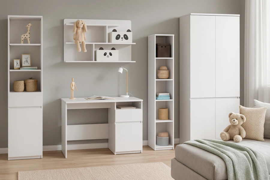Lichte kindermeubels in wit: bureau, wandplank met panda-boxen, hoge kasten en kledingkast.