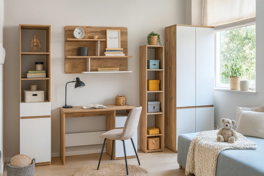 Inrichting voor de kinderkamer in eiken en wit met bureau, stoel en verschillende kasten.