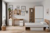 Scandinavian youth room set with single bed, desk, wardrobe and wall shelves in oak-white.