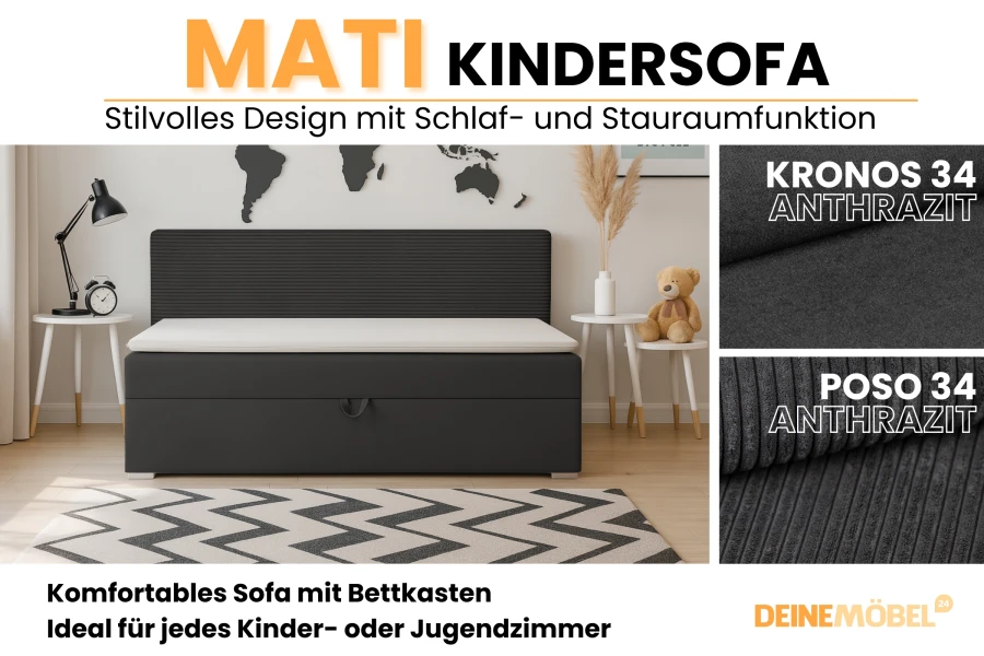 MATI Kindersofa Produktübersicht mit Materialdetails in Anthrazit.