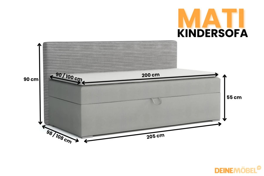 Maßskizze für das MATI Kindersofa mit allen wichtigen Produktabmessungen.