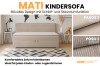 Infografik zum MATI Kindersofa mit Stoffproben Paros und Poso sowie Funktionsdetails.