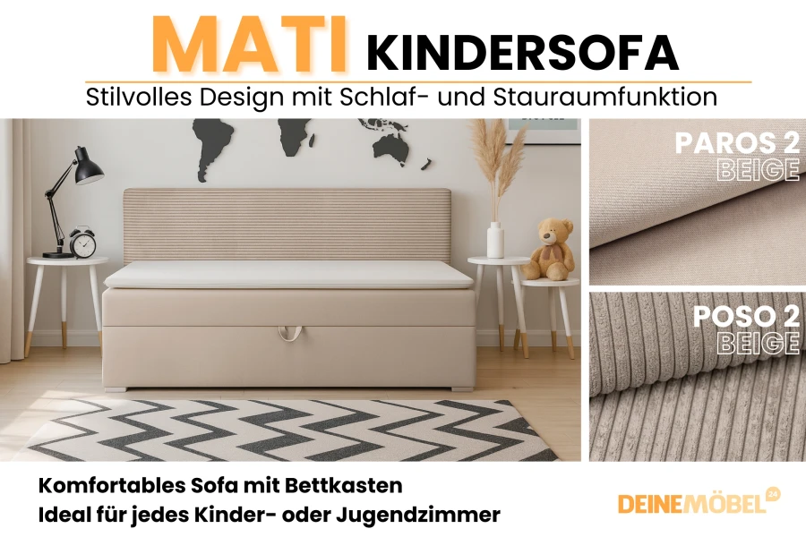 Infografik zum MATI Kindersofa mit Stoffproben Paros und Poso sowie Funktionsdetails.