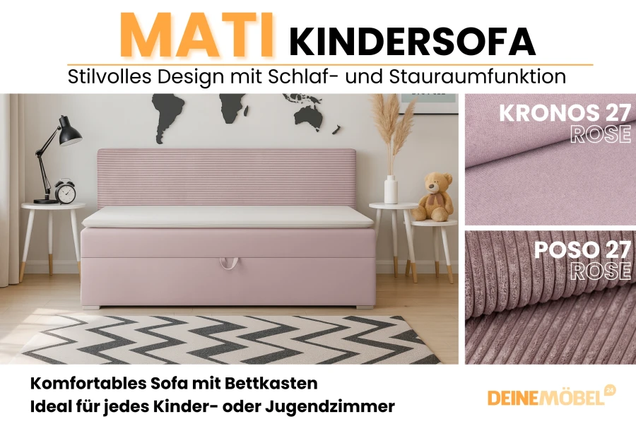 Produktübersicht Mati Kindersofa in Rosa mit Stoffproben Kronos 27 und Poso 27.