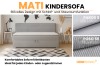 Produktübersicht Mati Kindersofa in Hellgrau mit Stoffvarianten und Bettkasten.